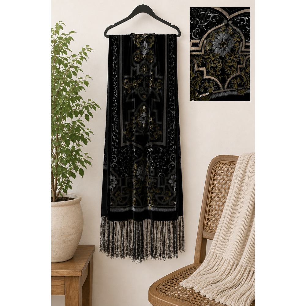 Vintage Lucy Silk Velvet Burnout Scarf Black Fringe Floral Whimsigoth Goth Moody